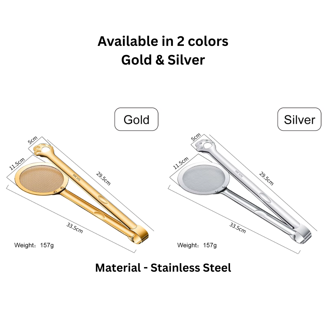 Deep Frying Oil Strainer with Clip Tong - Gold and Silver Stainless Steel - Image 5